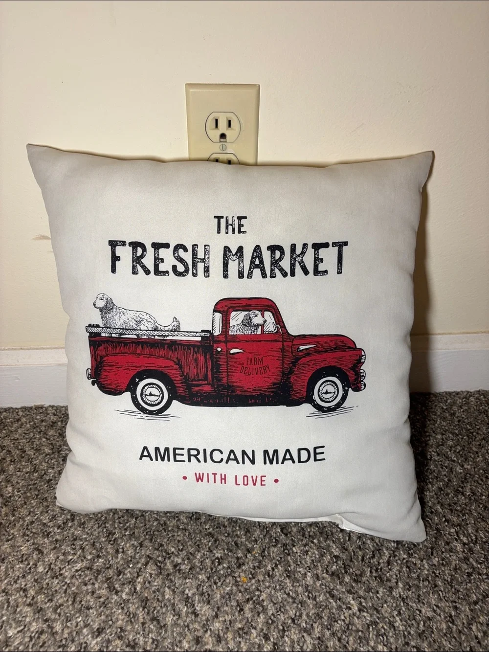 Red Truck Farm Pillow with Black Text